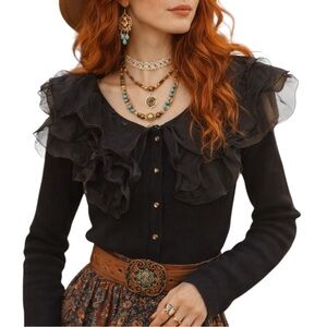 Romantic Black Chiffon Ruffle Collar Long Sleeve Knit Cardigan Sweater Small